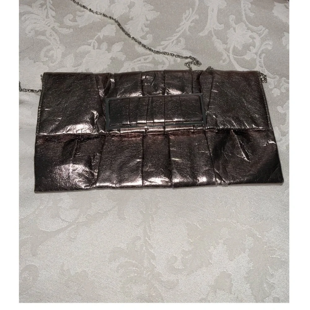 Kate Landry Shiny Platinum Pleated Clutch Chain Crossbody or Shoulder 10X6